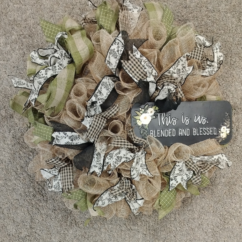 Beautiful Rustic Burlap and Green Wreath With Black Accents Diameter 28 Inches